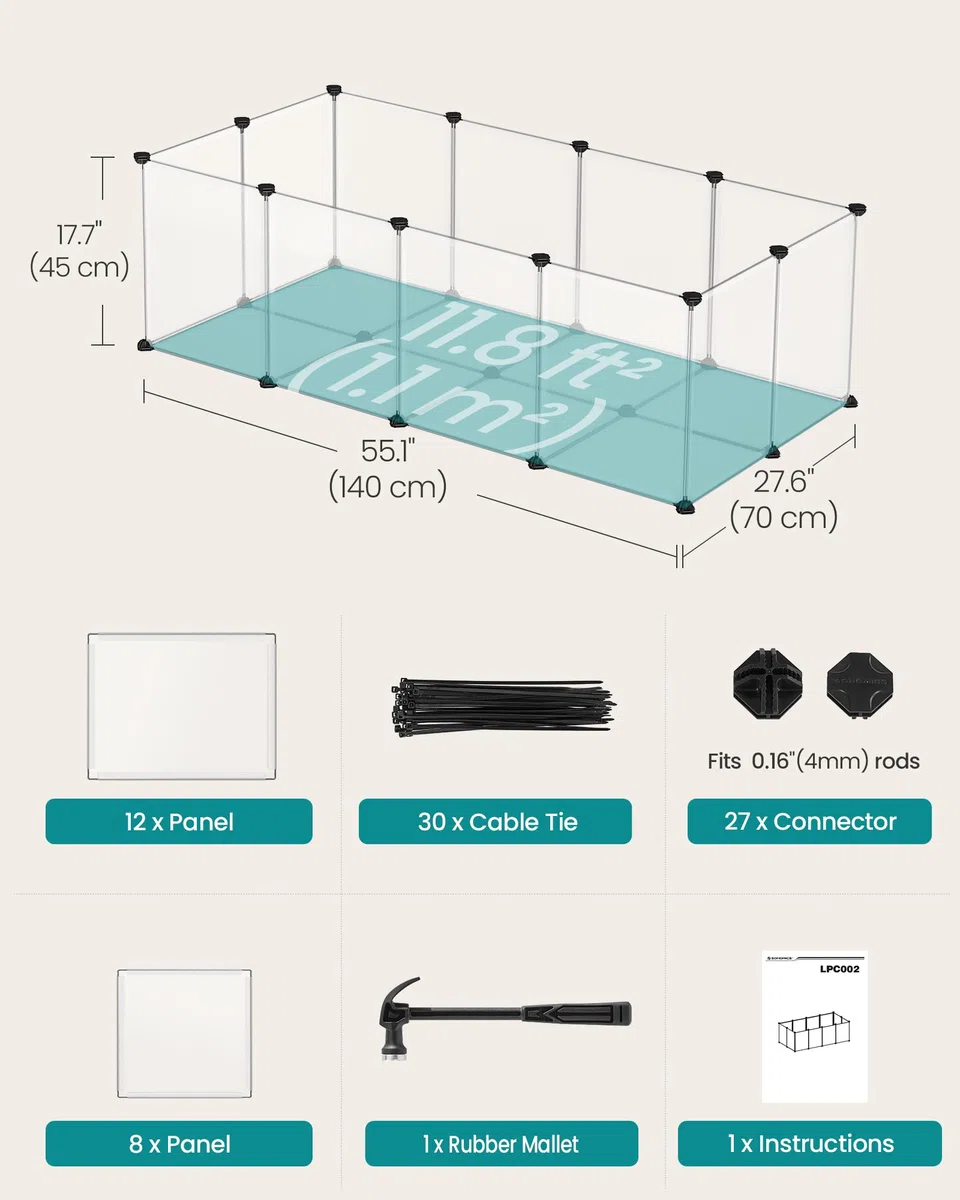 Songmics Haustier-Laufgitter mit Boden, modularer Zaunkäfig für kleine Tiere, Meerschweinchen, Hamster, Kaninchen, Haustier-Übungslauf und Käfig, transparente Kunststoffplatten, ULPC02W