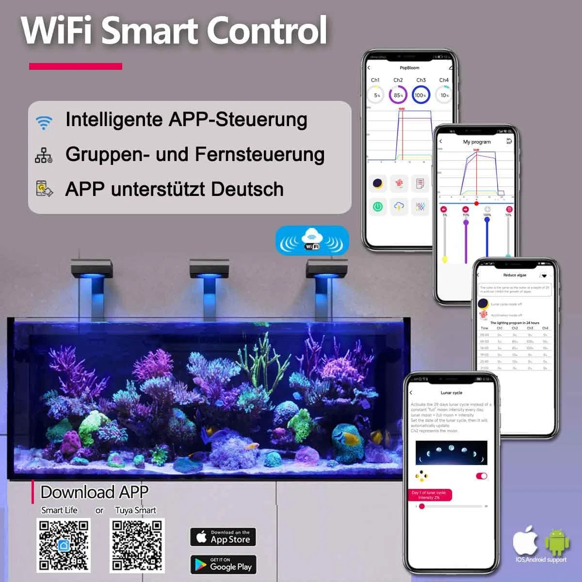 PopBloom RL90 WiFi Led Aquarium Beleuchtung 100W, Meerwasser Aquarium Led volles Spectrum Aquarium Lampe für Reef Coral SPS/LPS Fischaquarium,APP unterstützt Deutsch (1 Lampe mit Aufhängung)