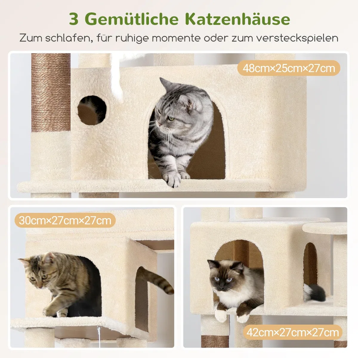 Globlazer F66 Kratzbaum Ecke Beige für Große Katzen 168cm Stabil Katzenbaum | Stabil Kratzbaum mit 3 Katzenhäus, Große Plattform, 5 Sisal Kratzsäulen, Einfach zu montieren, für 3-4 Erwachsene Katzen