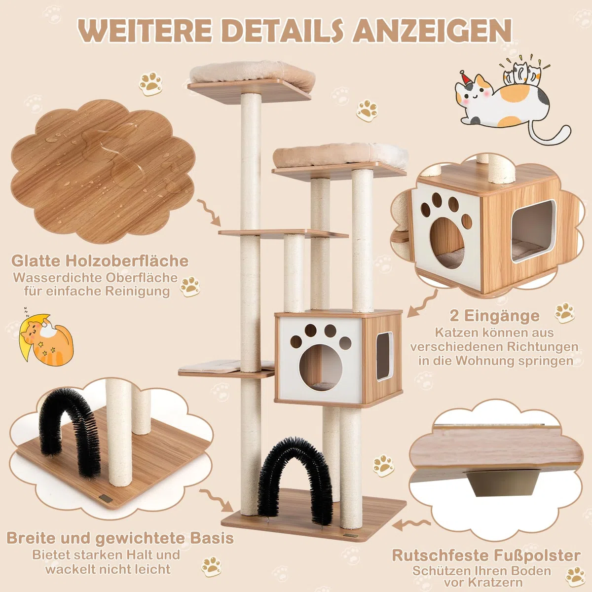 COSTWAY 6-stöckiger Kratzbaum Holz, 176cm Katzenbaum mit gemütlicher Matten & Höhle & Katzenbogen, Katzenkratzbaum Groß, Katzen Katzenmöbel, Kletterbaum Aktivitätsbaum Spielbaum, Beige