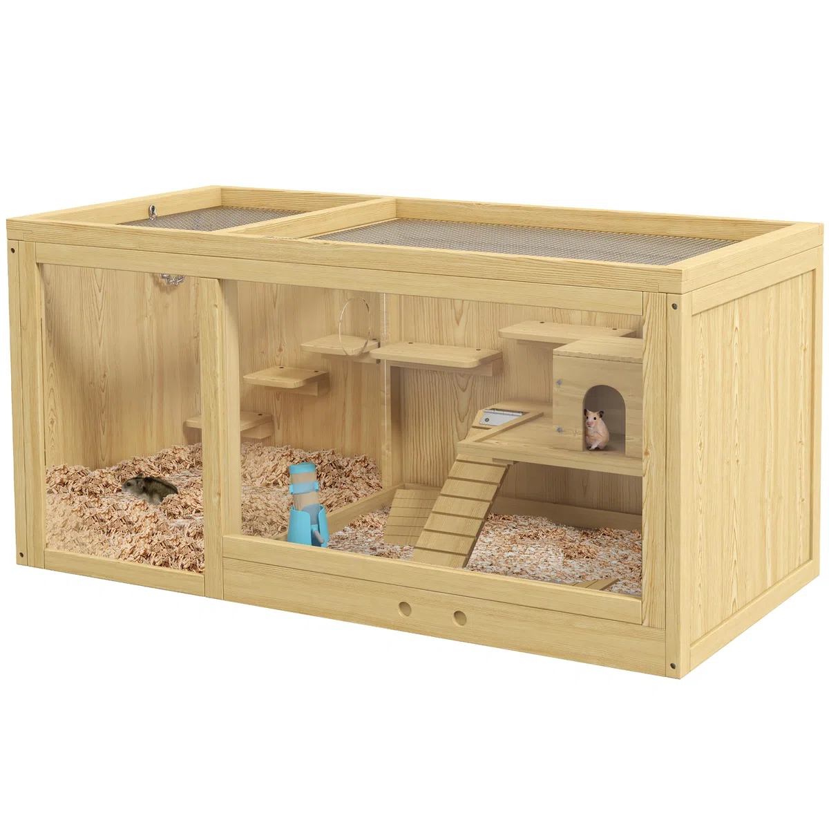 PawHut Hamsterkäfig aus Holz mit Klappdeckel Zubehör 100 x 50 x 50cm Natur | Nagerkäfig, Kleintierkäfig, Schaukeln, Leitern, Futternapf, Holzkäfig, Käfig für Hamster Zwerghamster Rennmaus
