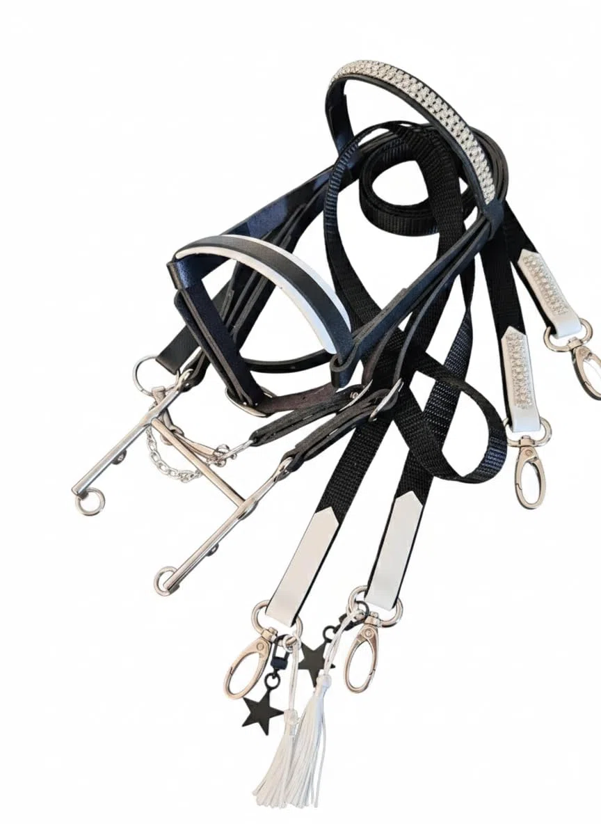 Hobby Horse Trense Kandare schwarz weiß unterlegt Zubehör für Steckenpferd Spielpferd