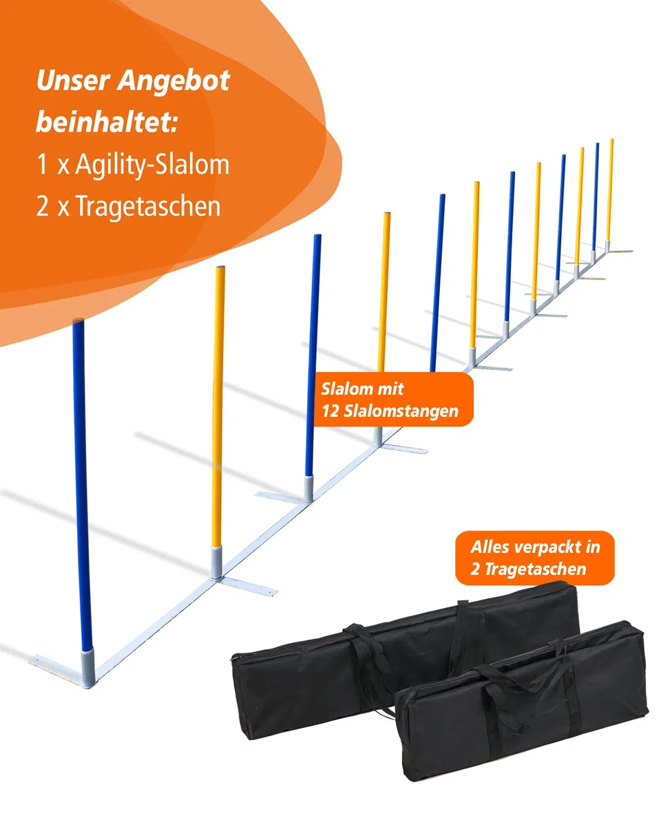 Agility-Slalom – Slalom für Turnier & Agility-Training – mit 12 Stangen & und Basis aus Metall – stabile Ausführung – FCI-konform – Set mit Tragetaschen