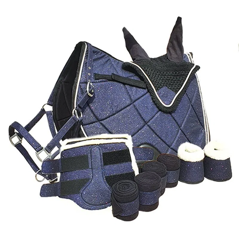 German Riding Perfect Match Schabracke Set Hufglocken Halfter Fliegenhaube Bandagen Gamaschen Glitzer (Pony, Dunekelblau)
