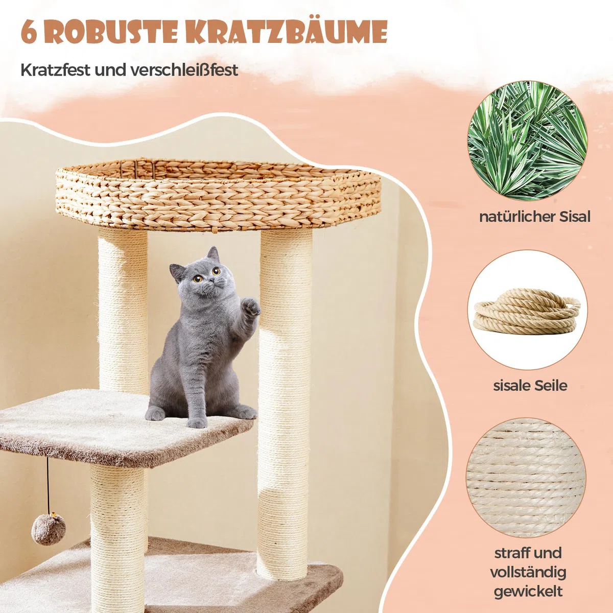 COSTWAY Kratzbaum mit Katzenhöhle, 131 cm hoch, Katzenbaum mit Plattformen & Ball & Sitzstange und Kissen, Kletterbaum aus Rohrkolben & Sisal, Katzenkratzbaum Katzen Klein, Kaffee+Natur