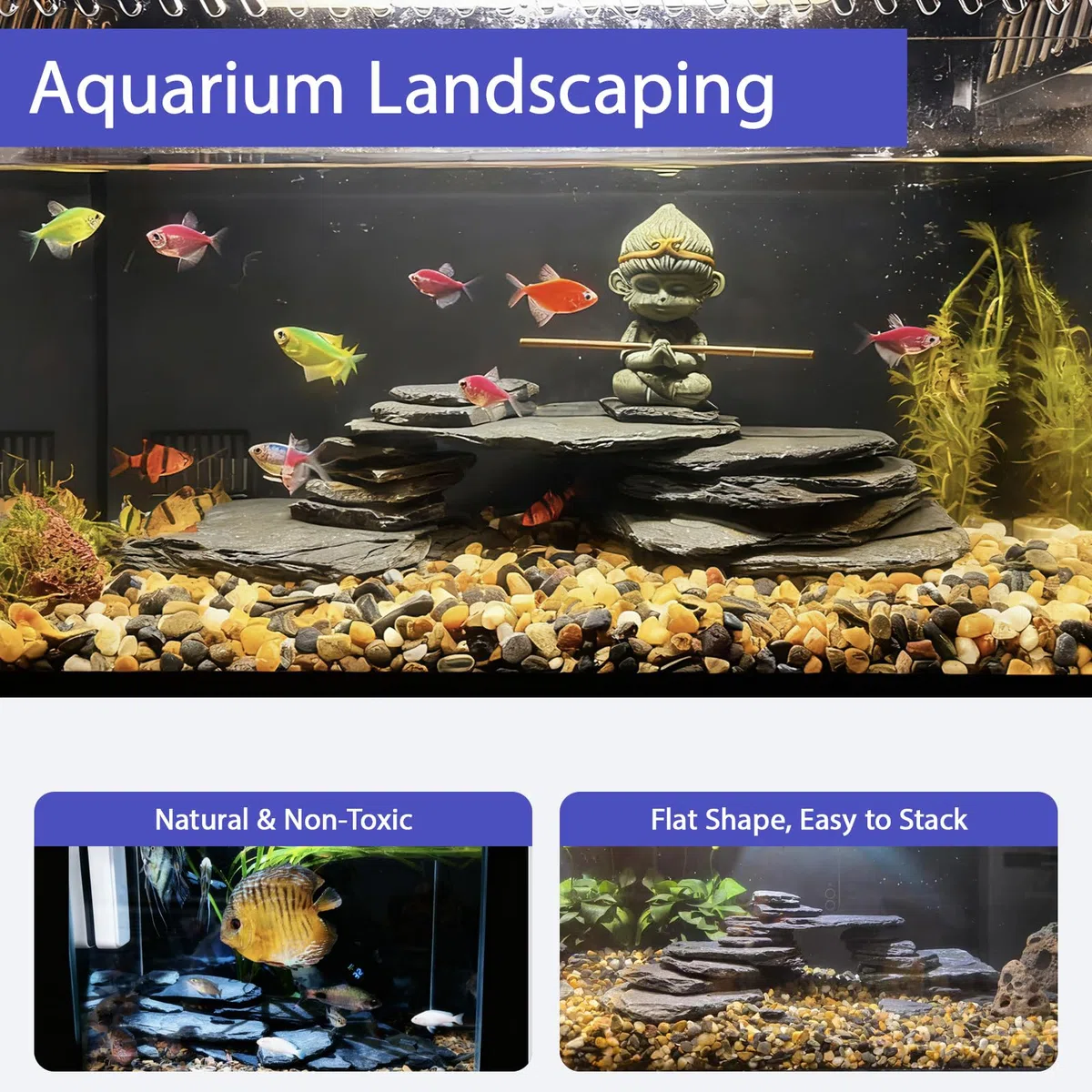 Aquarium-Steine, 9 kg, natürliche Schiefersteine, 5,1 - 20,3 cm, schwarze Steine für Aquarium, Terrarien, Reptilien, Aquascaping, Amphibien, Vivarien, Paludarium, Garten, Landschaftsbau