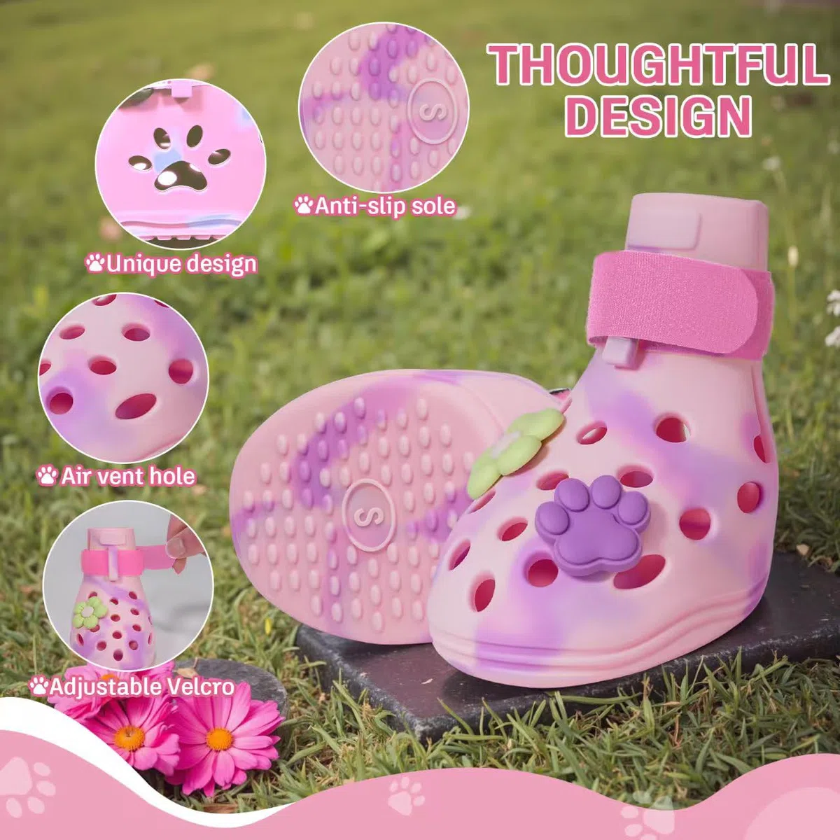 Hundeschuhe für heißen Gehweg, verstellbare Magic Tape-Stiefel für kleine, mittelgroße und große Hunde, rutschfest, leicht zu reinigen, Pfotenschutz für Strand, Outdoor und heißes Wetter (Rosa, S)