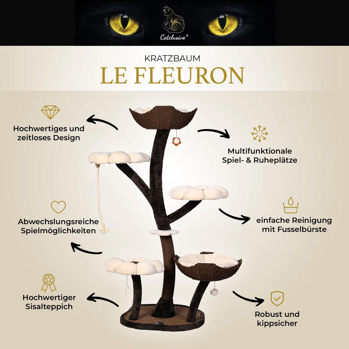 Kratzbaum „Le Fleuron“ – 145 cm eleganter Design-Katzenbaum mit Sisal, stabilem Standfuß und weichen Liegeflächen, hochwertiger Kratz- und Kletterbaum für Wohnung & Haus braun-beige