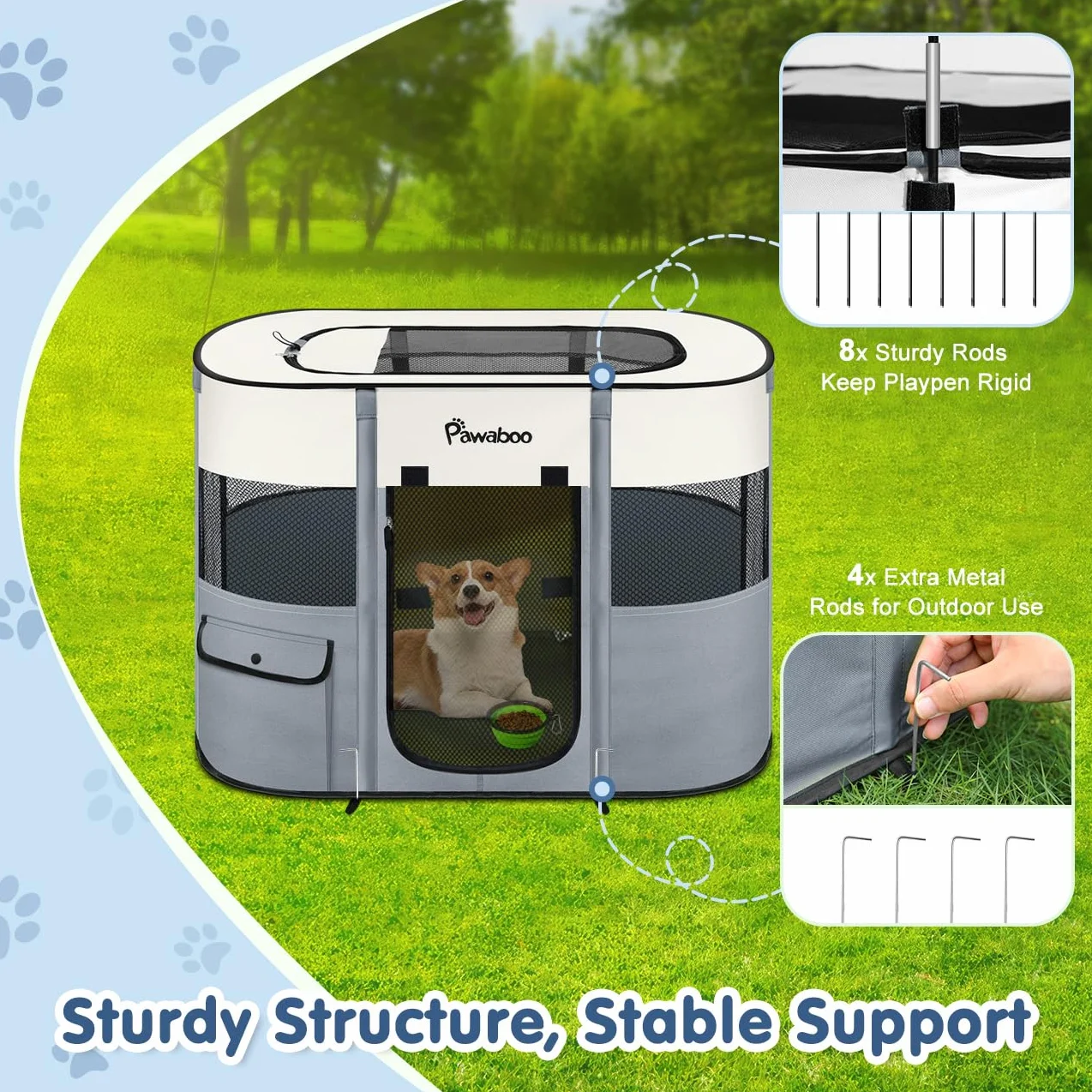 Pawaboo Tragbarer Haustierstall, Faltbarer Hundelaufstall mit Wasserdichtem Oxford, Katzengehege mit Reisetasche Faltbarem Napf, Indoor Outdoor Gebrauch für Welpe Katze Kaninchen, L, Grau