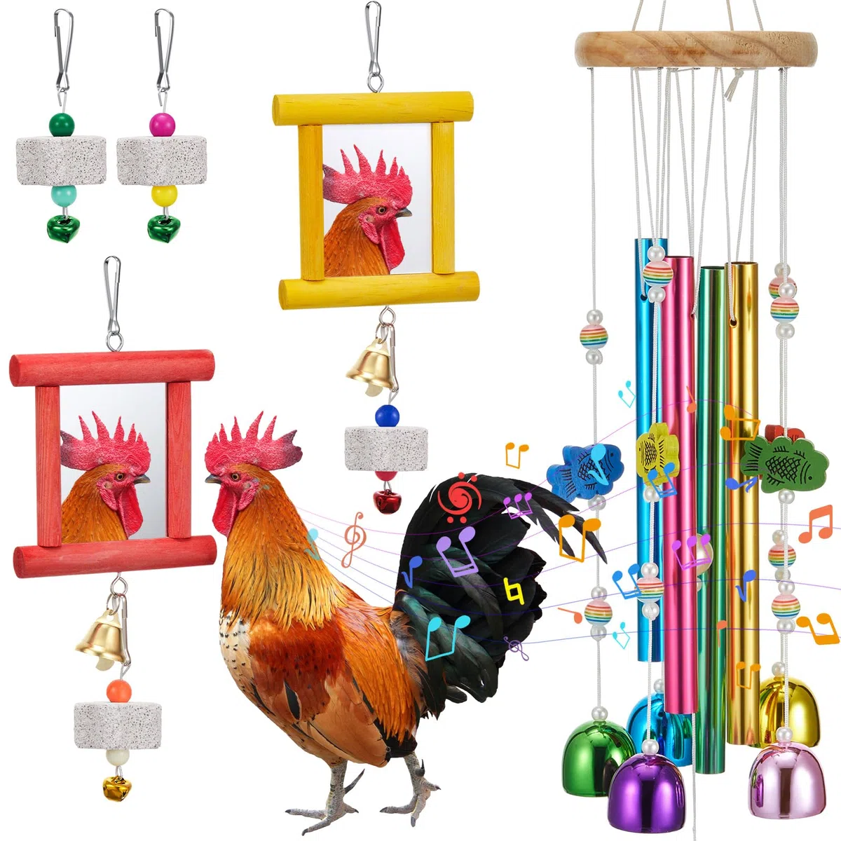 VioraWhite 7 Stück Hühnerspielzeug, hängendes Huhn-Windspiel, 2 Stück, Stallspiegel-Spielzeug mit Glocken, 4 Stück, Schnabel-Schleifsteine, Musik-Stall-Zubehör für Hühner, Hahn, Küken, Geflügel, Vögel