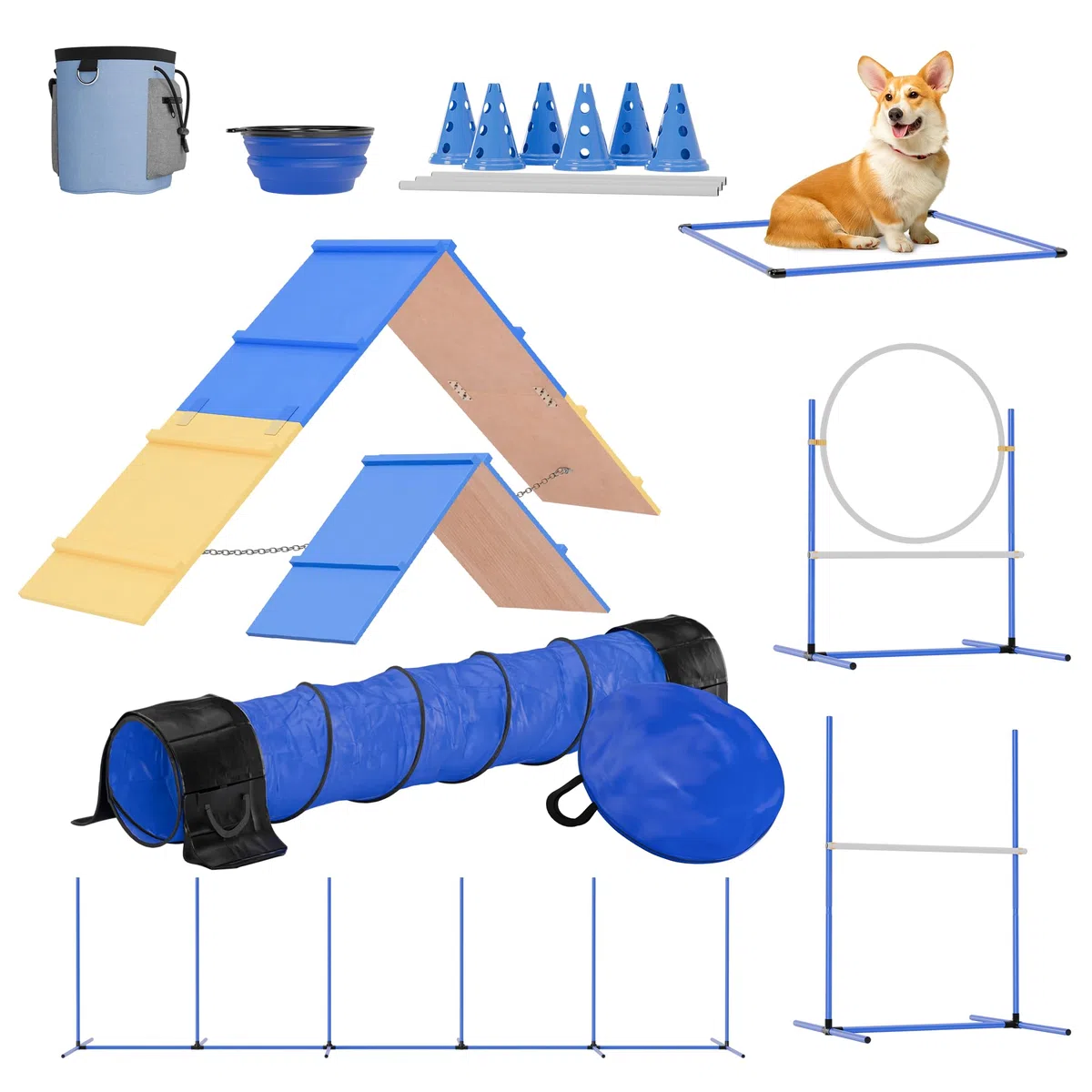 FetchFlow Agility-Ausrüstung für Hunde – Komplettes Hunde-Agility-Kurs-Hinterhof-Set mit geflochtenen Stangen, A-Rahmenleiter, Kegeln, Hunde-Springreifen, Hunde-Agility-Tunnel-Sandsäcken, robustes