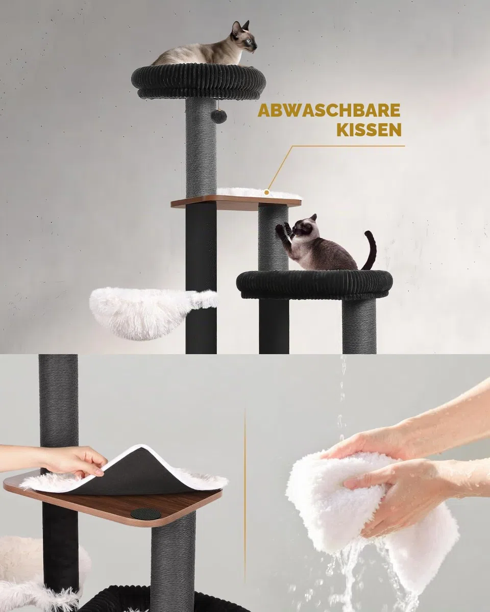 160 cm Kratzbaum für große Katzen, Stabiler Katzenbaum für Maine Coon, XXL Katzenkratzbaum für Wohnungskatzen, hohe Kletterbaum mit Sisal Kratzstämmen, extra große Liegefläche, Katzenhöhle, Schwarz