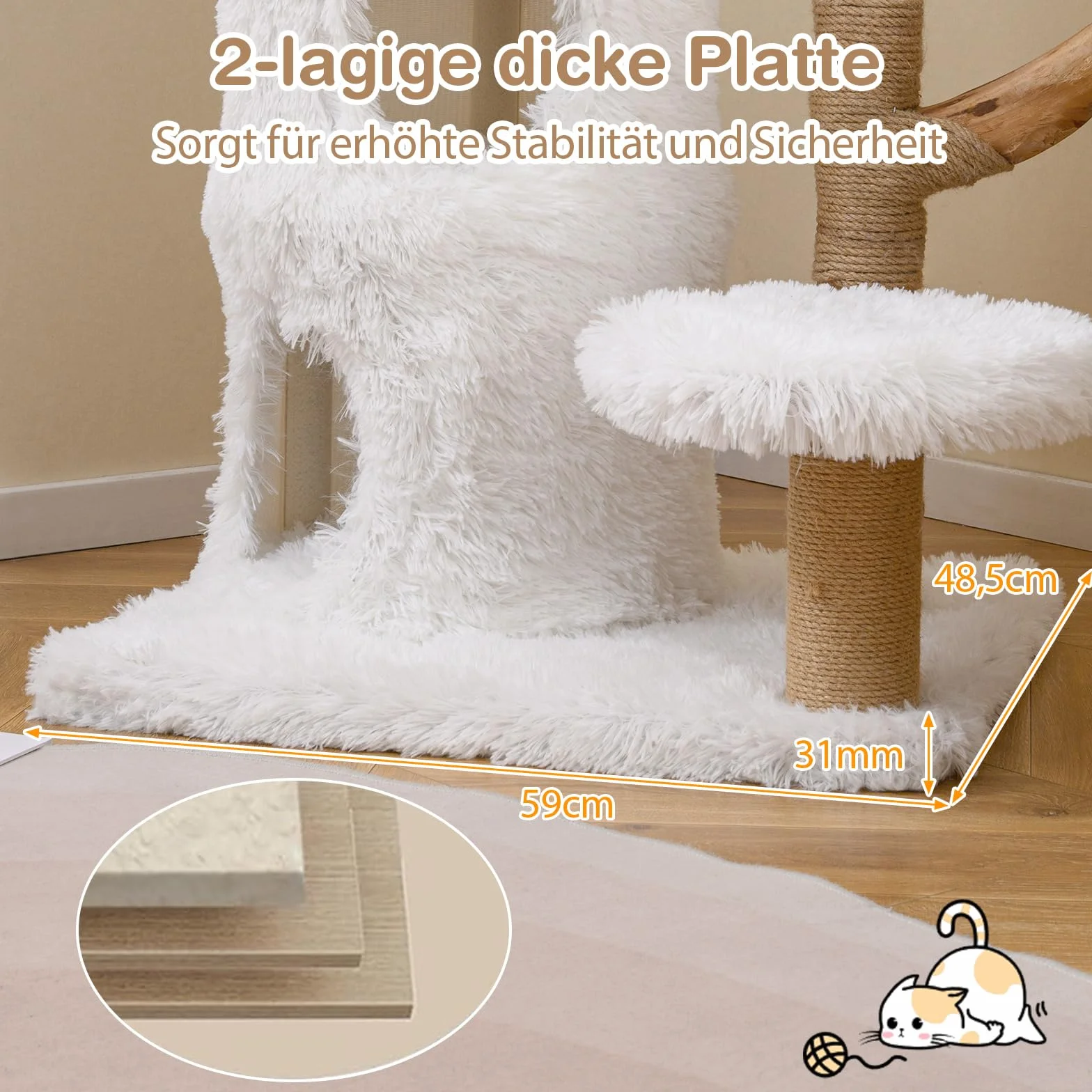 GOPLUS Kratzbaum Holz, Katzenbaum 93 cm mit 2 Höhle, Kratzstamm aus natürlichem Jute, 3 Plattformen, Massive Holzstütze & Weiche Kissen, Kletterbaum für Katzen, Indoor Katzenmöbel, Weiß + Natur