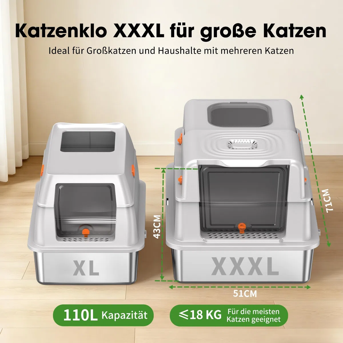 Edelstahl Katzentoilette mit Deckel, XXXL Katzenklo für große Katzen, geschlossene Katzenstreu Box mit Geruchsfilter & Doppeltür, leicht zu reinigen, antihaftbeschichtet, langlebig, Hellgrau