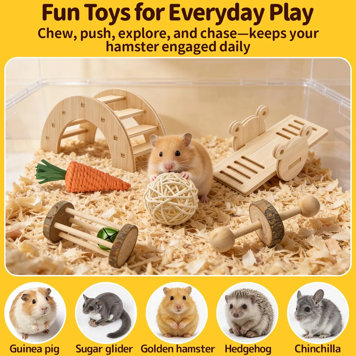 Hamsterkäfig-Zubehör-Set, lautloses Übungsrad, Labyrinth-Holzversteck, Wasserflasche mit Halterung, Kauspielzeug und interaktive Plattform für Hamster, Mäuse, Rennmäuse (All-in-One Habitat Enrichment