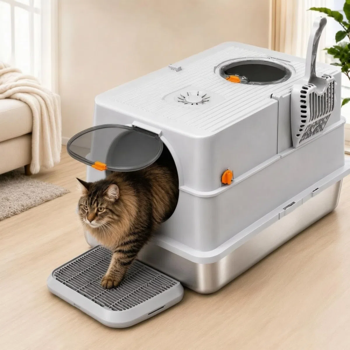 Haubentoilette mit Edelstahlschale geräumig Katzentoilette mit Edelstahlschale hygienisch Katzentoilette Haube für Katzenbesitzer, Haushalt, Graphitschwarz, XXXL-mit Streumatte