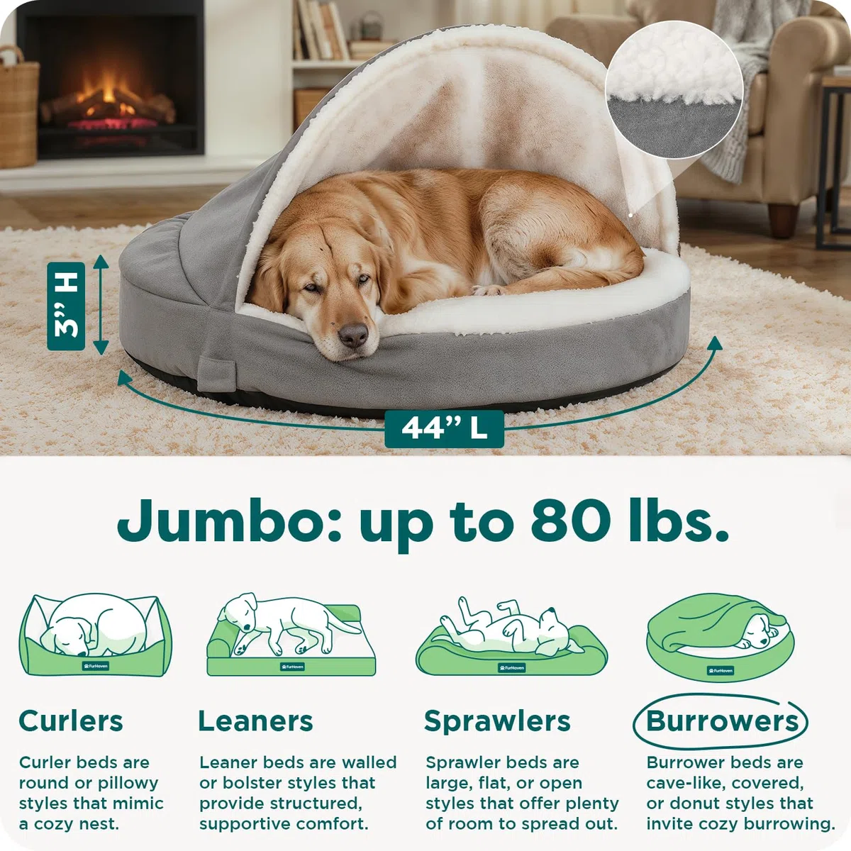 Furhaven Orthopädisches Hundebett für große Hunde, rund, mit abnehmbarem, waschbarem Bezug, für Hunde bis zu 36,3 kg – Sherpa & Wildleder Snuggery – Grau, 111,8 cm