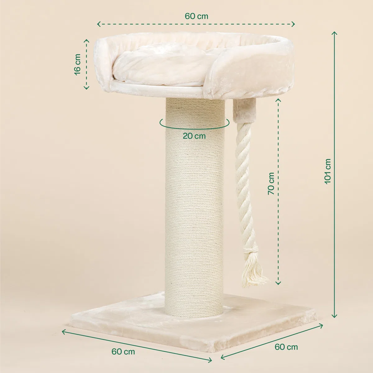 RHRQuality Kratzbaum für große Katzen – Chartreux – 80 cm hoch – Mit extra dickem 20 cm Sisalstamm – Luxuriöse Liegefläche von ⌀60 cm – Crème