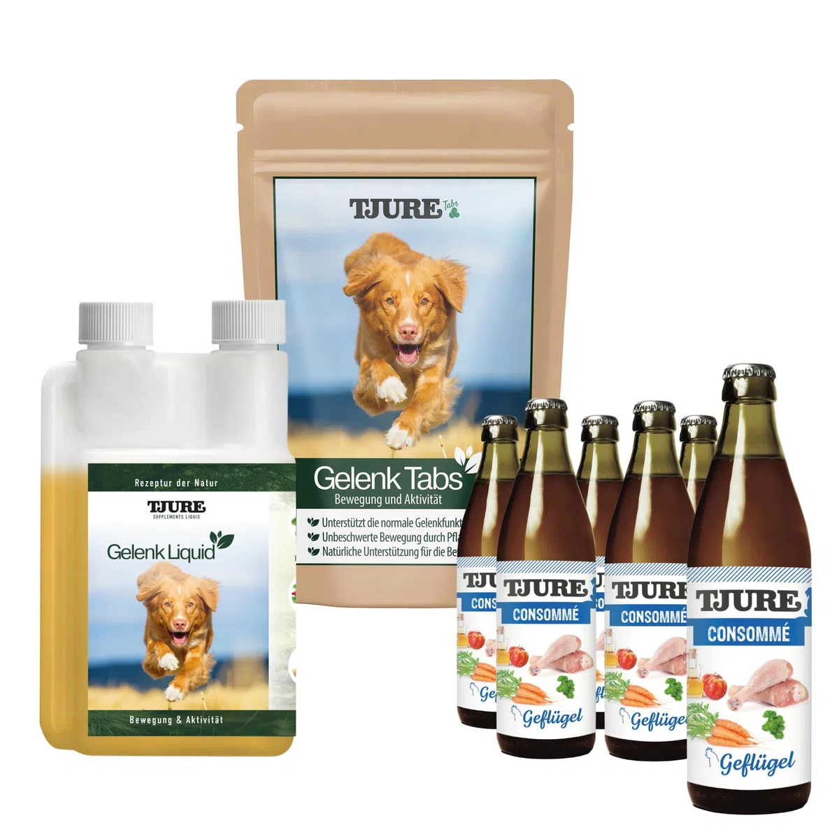 TJURE Gelenke & Knochen Set Hund | Gelenk Liquid + Gelenktabletten + Knochenbrühe | Ergänzungsfuttermittel für Hunde mit Nährstoffbausteinen für Muskeln & Knochen | Ohne Zusätze | Made in Germany
