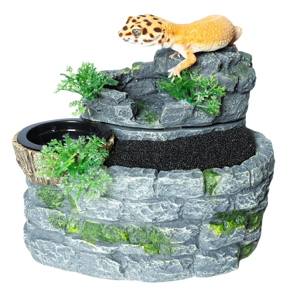 500ML Reptilien Wasserfall Brunnen, Reptilien Wasser Trinkbrunnen für Bartagamen, Geckos & Eidechsen - Naturharz Terrarium Wasserfall Brunnen mit Futternapf, Fließendes Wasser