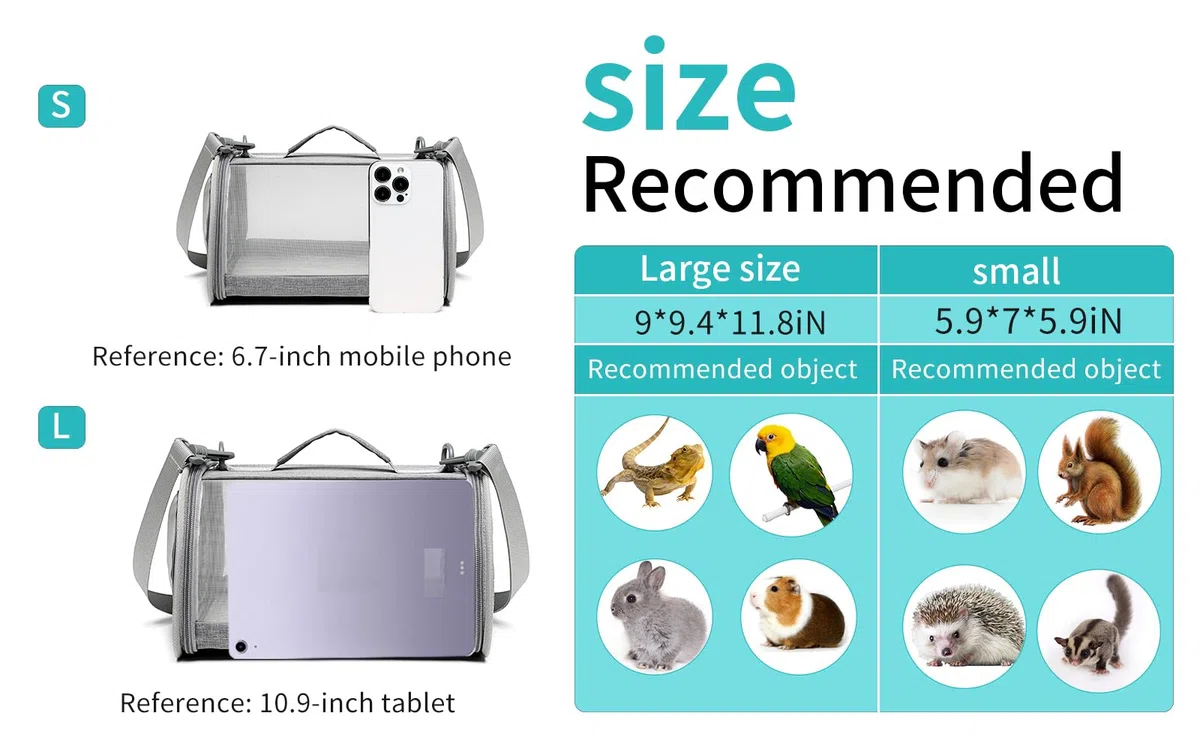 Tragetasche für Meerschweinchen, für kleine Tiere, Eidechse, Vogel, Kaninchen, Käfig, Eichhörnchen, atmungsaktive Tasche, tragbar, für Reisen, Hamster, kleine Haustiere (klein, grau)