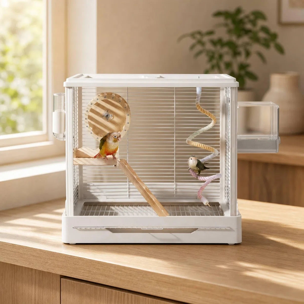 Vogelkäfig mit Bodenschale platzsparend sittichkäfig stabil gitterkäfig für kanarienvögel, kleinpapageien, Innenbereich, Wohnzimmer, Array, Weiß, Upgrade-Set
