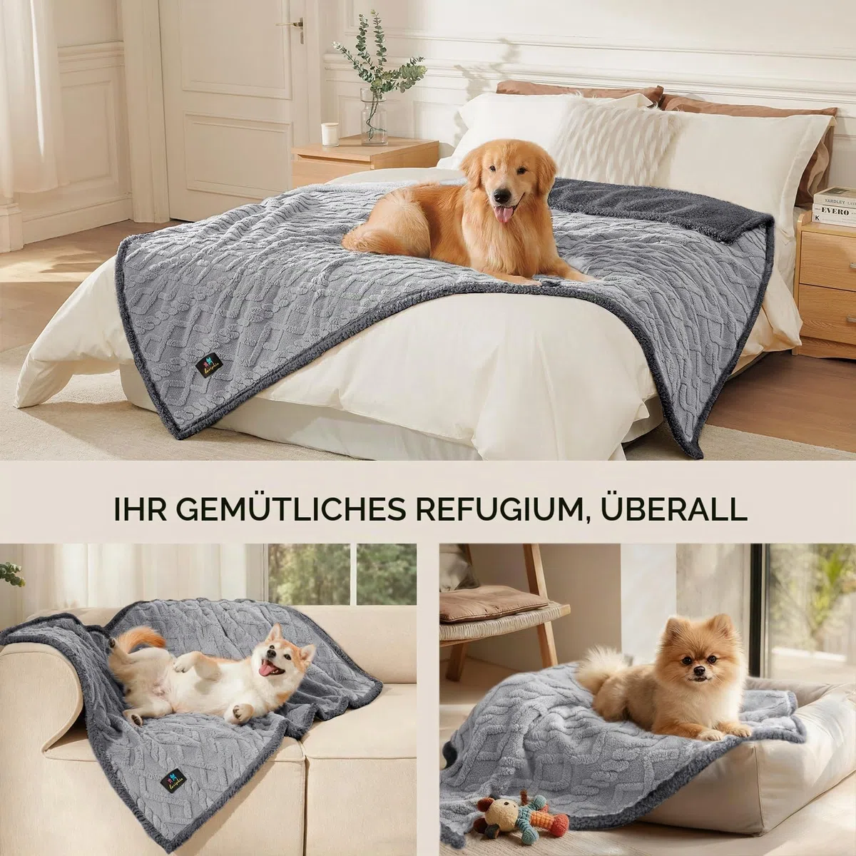 Luciphia Wasserdichte Haustierdecke, flüssigkeitsdicht, pinkelfest, Hundedecke für Sofa, Bett, Couch, wendbar, Sherpa-Fleece, Möbelschutz für kleine, mittelgroße und große Hunde und Katzen, Hellgrau