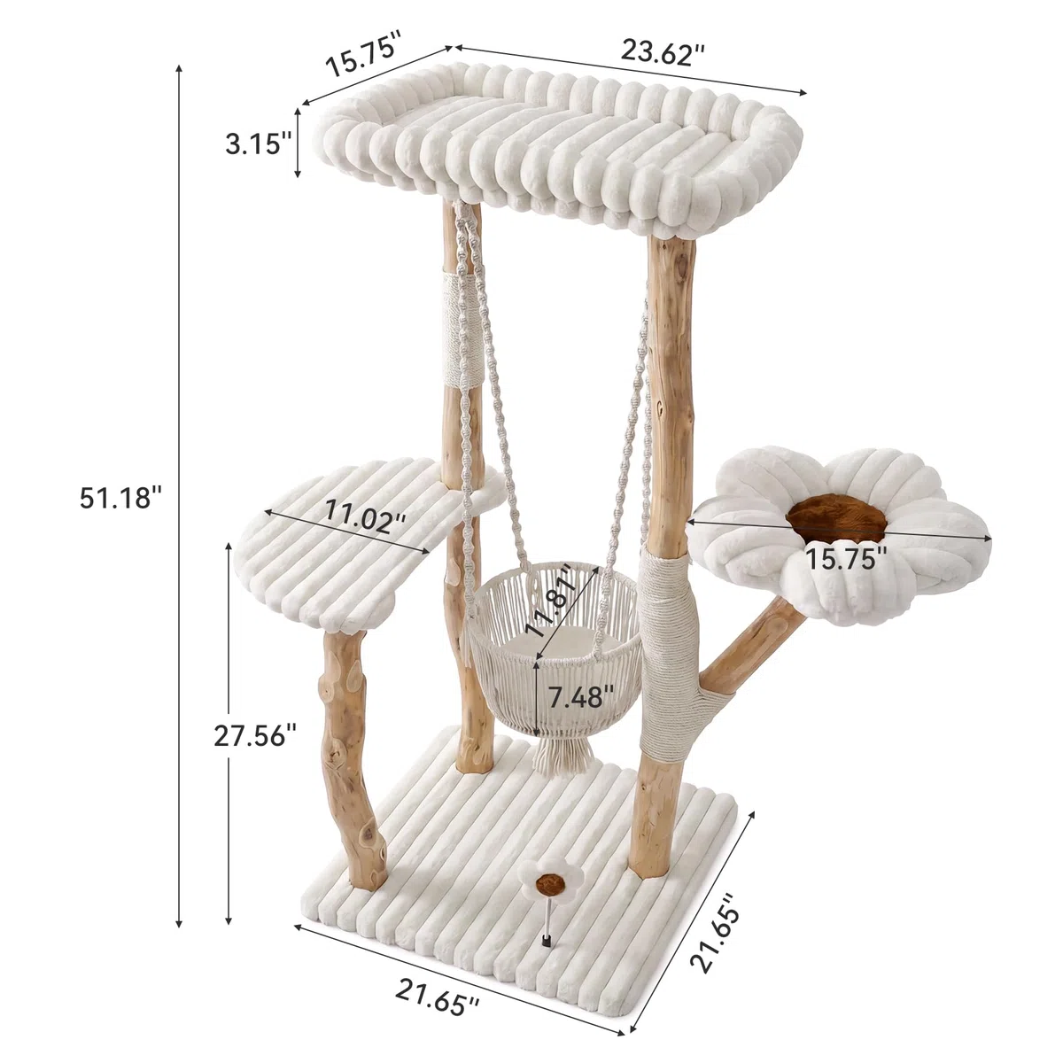 Massiver Katzenbaum aus Holz mit Kratzstämmen, 132 cm hoher Katzenkratzbaum mit Schaukelkorb, waschbarem Kissen, baumelndem Spielzeug, Kletterbaum aus Holz für mehrere Katzen in der Wohnung, einfache