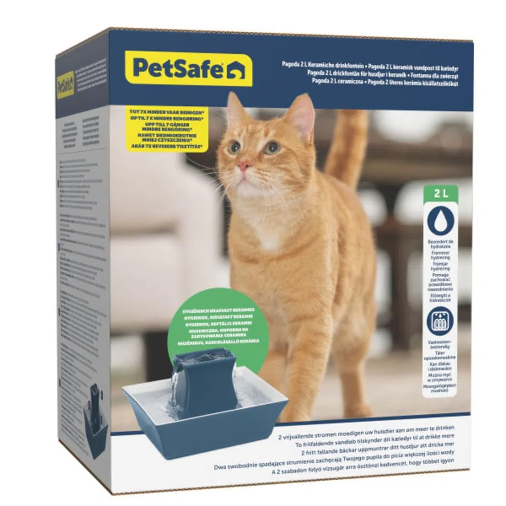 PetSafe Drinkwell Pagoda Trinkbrunnen, 2L, Blau | Keramik, Erhöhte Schüssel, Wasserfall-Design, Trinkstation für Haustiere
