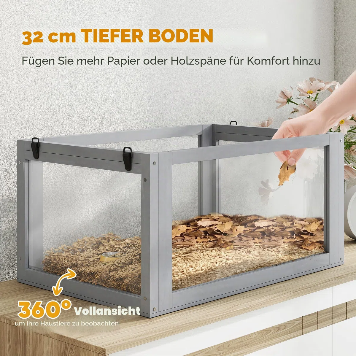 PawHut Hamsterkäfig aus Holz, 3 Etagen, Rennmauskäfig mit abnehmbarem 32 cm tiefem Boden, Hütte, Wippe, Laufrad, Rampen, Hellgrau