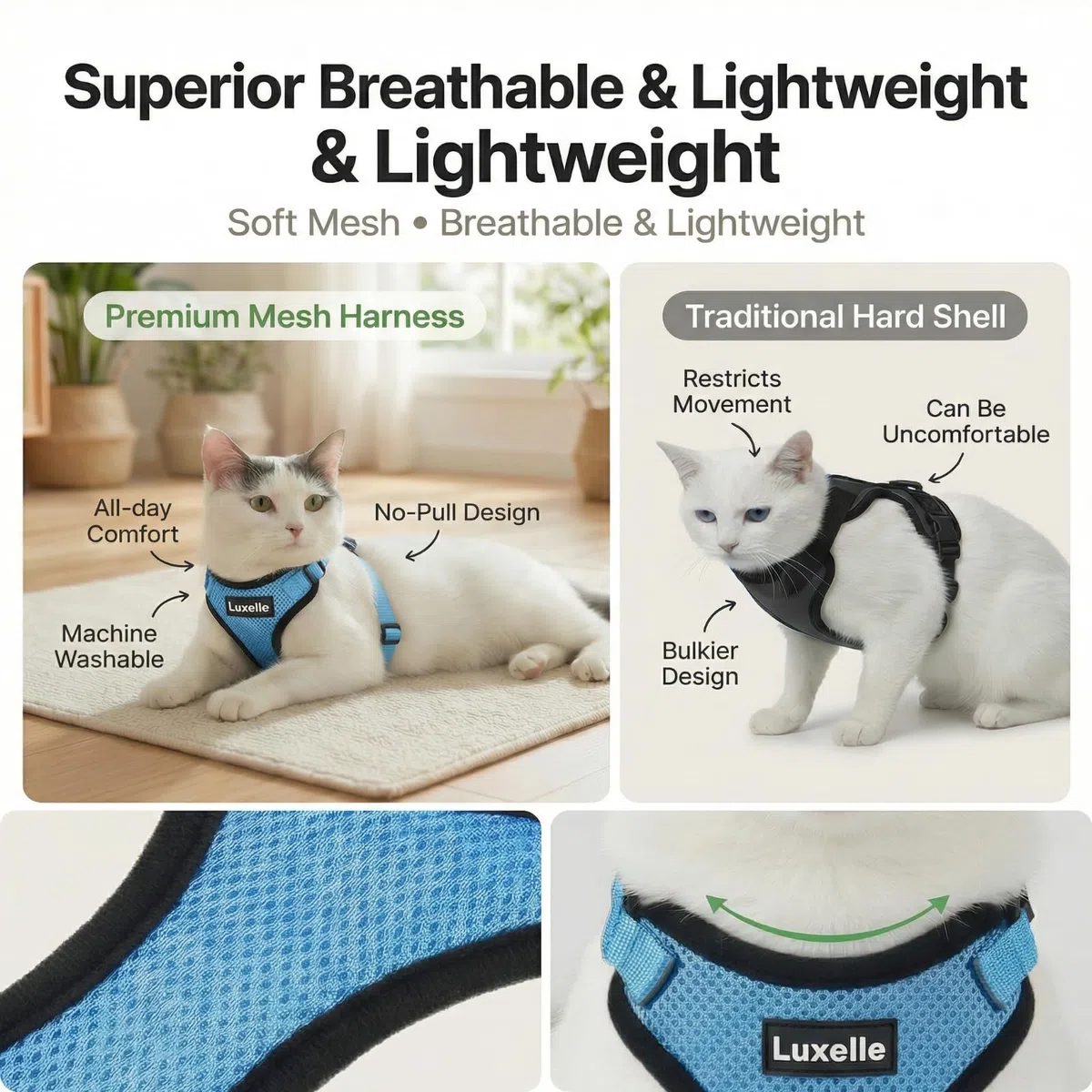 Luxelle Ausbruchsicheres Katzengeschirr und Leine zum Spazierengehen, weich, verstellbar, kein Ziehen, mit einfach zu bedienender Schnalle, reflektierende Riemen, atmungsaktives Netz-Reisegeschirr, 2