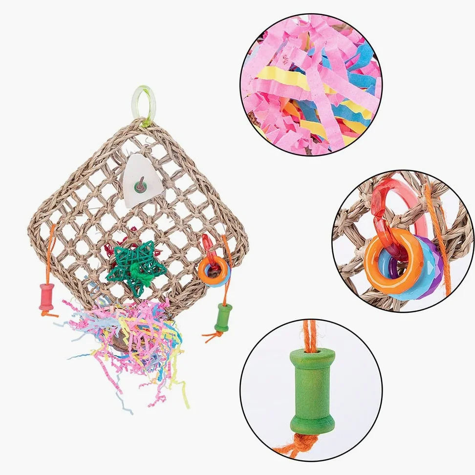 ArinkO Papageien-Kletternetzspielzeug aus natürlichem Seil mit Tintenfisch zum Kauen, Training und Spielen – ideal für Nymphensittiche, Wellensittiche und kleine Papageien (3er-Pack)