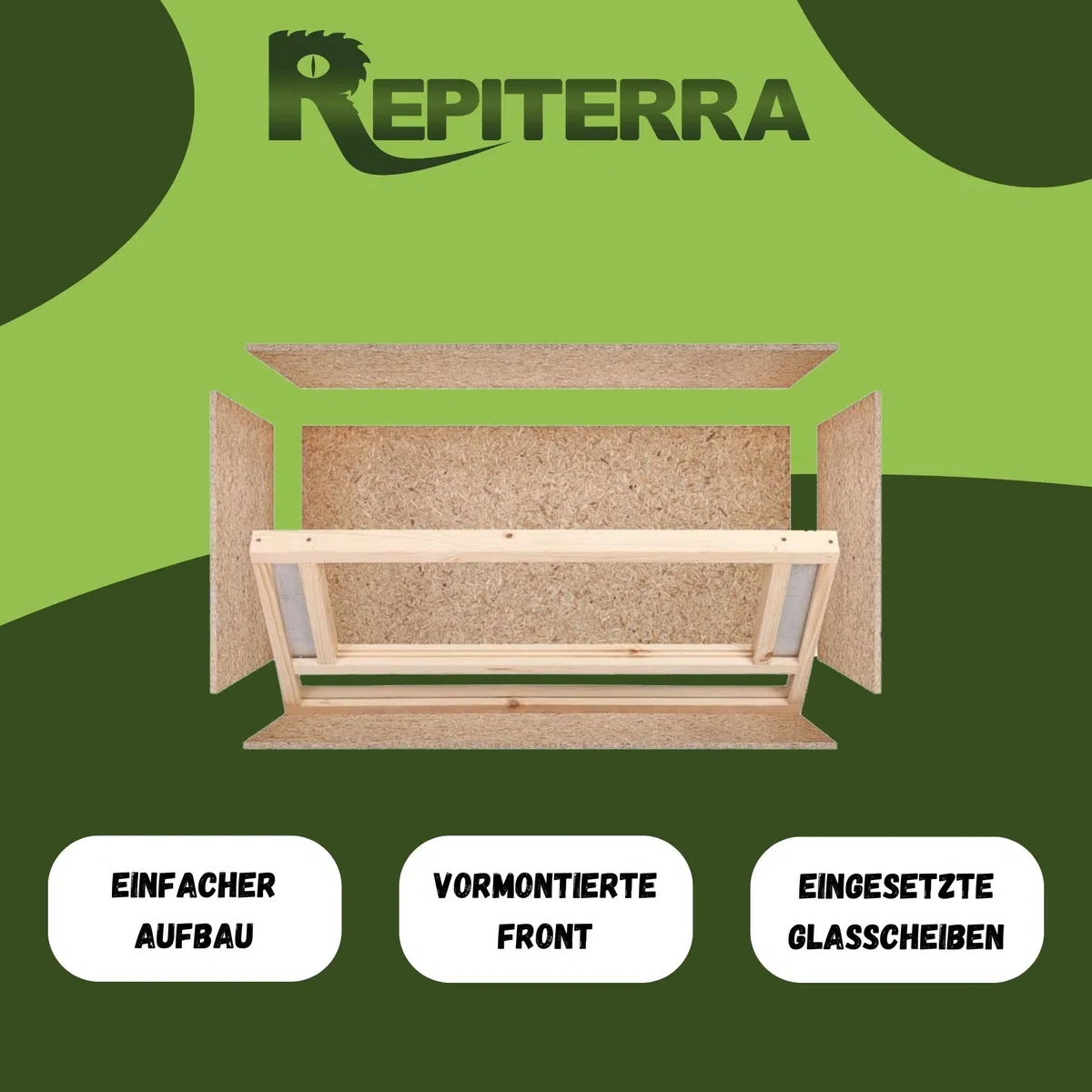 Repiterra Terrarium Reptilien & Batracien aus OSB-Holz, 80 x 50 x 50 cm, Vivarium mit Belüftung auf der Vorderseite für Schlange, Schildkröte und andere