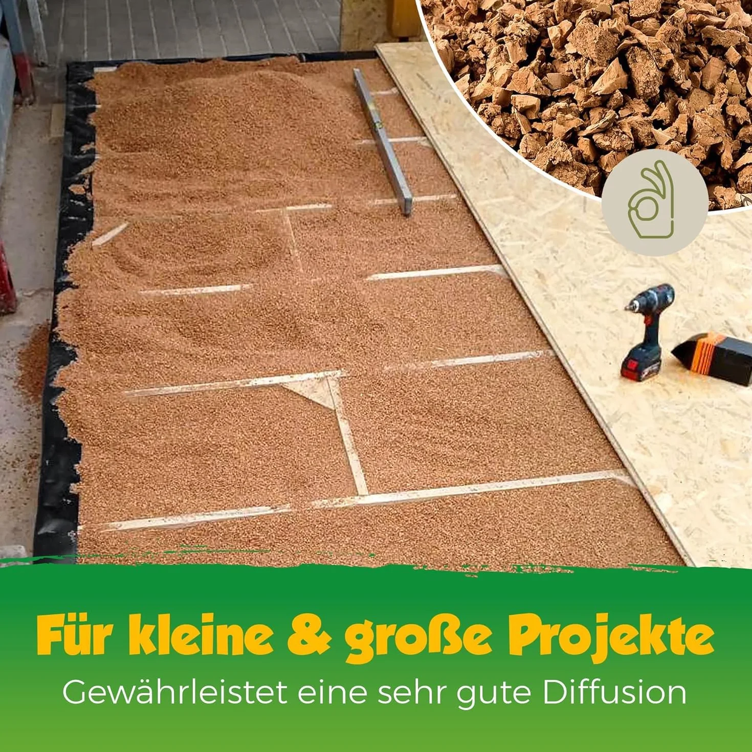 100 Liter mittelgrobes Korkgranulat | Kork-Granulat 3-8 mm | im 100L Papiersack | hergestellt aus recycelten Naturkorken | Verarbeitung in einem sozialen Unternehmen