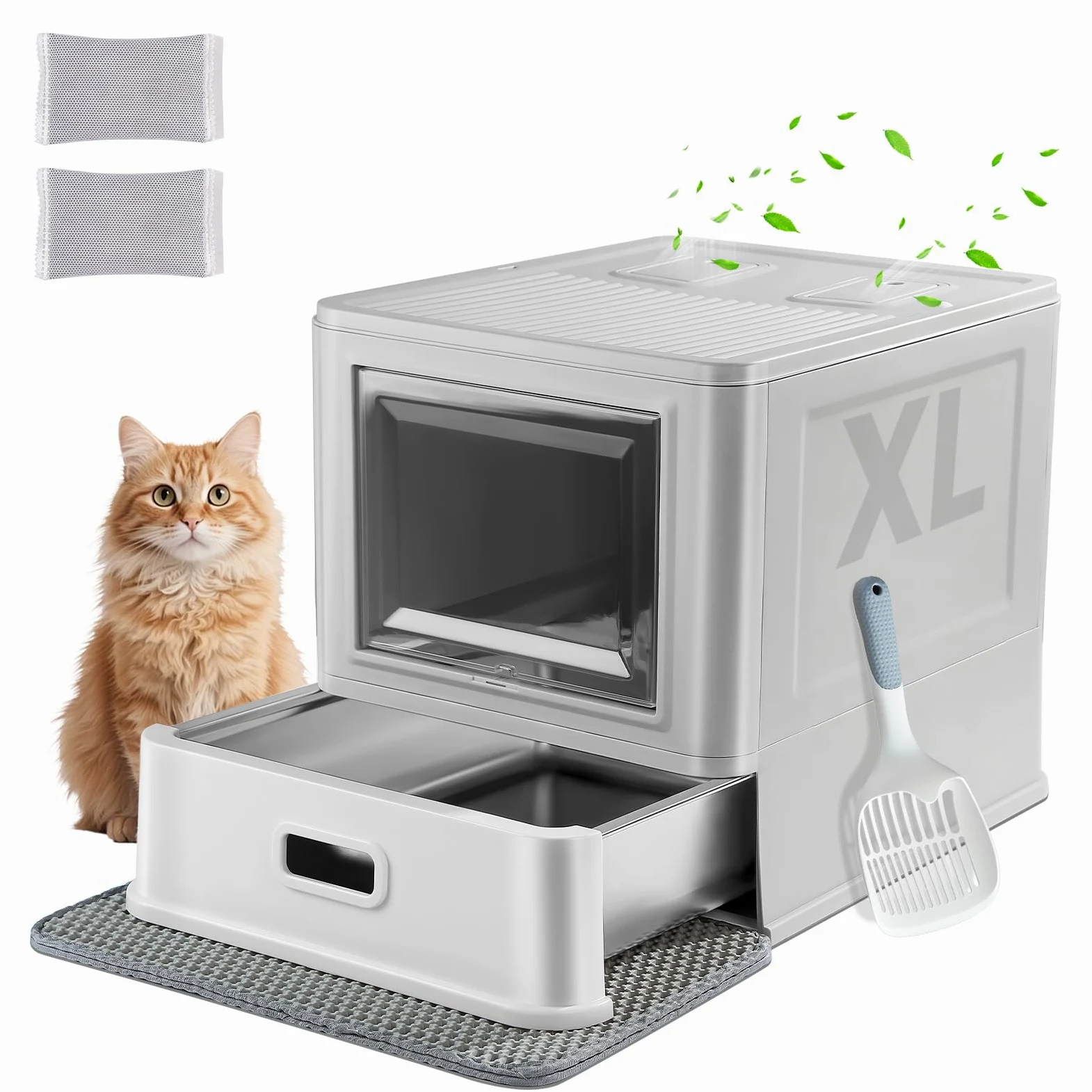Marchul XL Katzentoilette, Geschlossene Katzentoilette aus Edelstahl mit Deckel und Schubladen-Design, Hohe Seitenwände mit Spritzschutz, Tiefere Schale mit Schaufel und Matte, Eruchsneutral