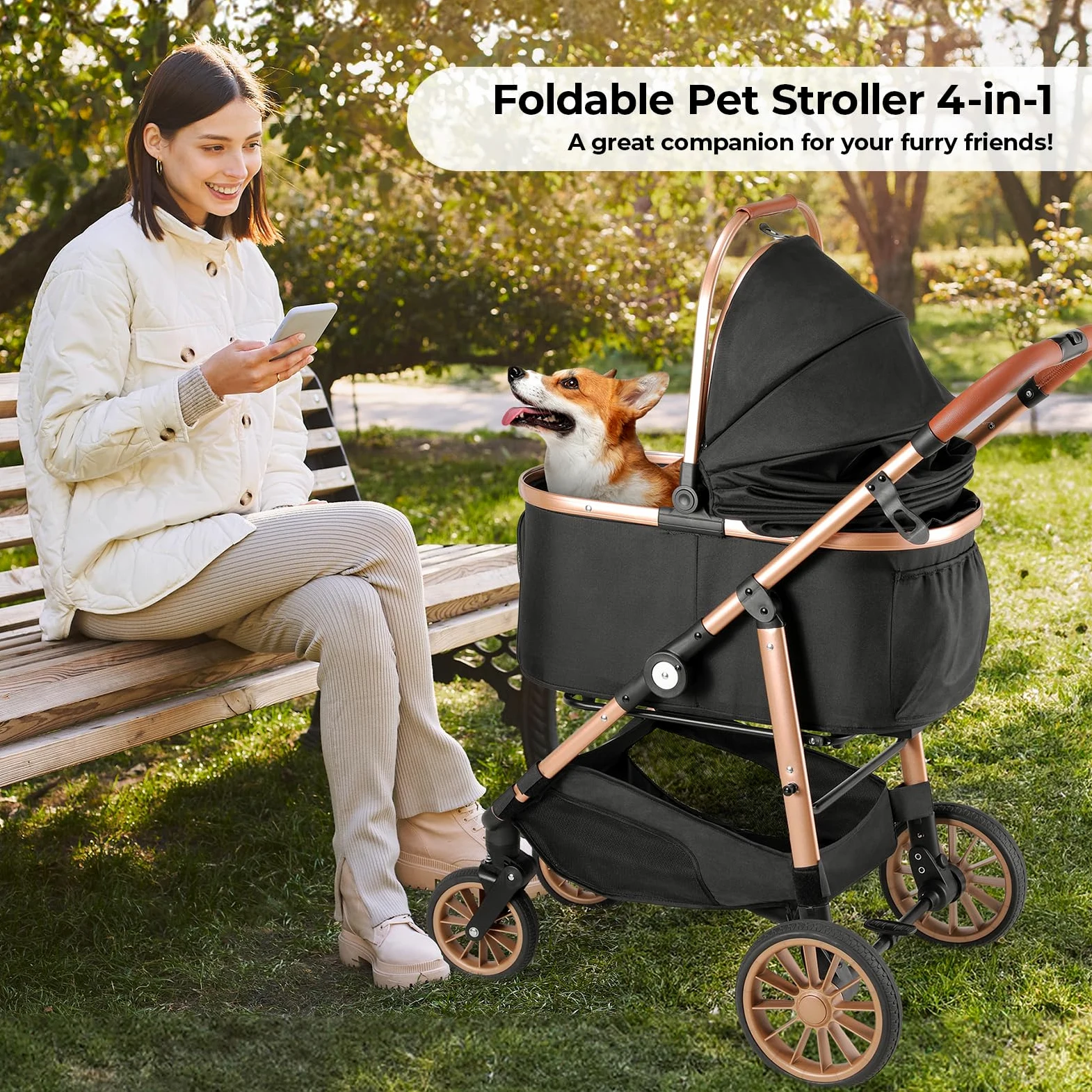MAMIZO 4 in 1 Hundewagen, Hundebuggy bis 25kg, 4 PCS Gummiräder mit Stoßdämpfung, Faltbar Hund Kinderwagen, Hunde Buggy, Hundebuggy Hunde, Geländegängig, Katzenwagen, Schwarz