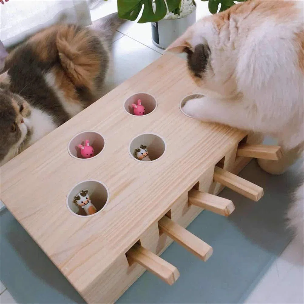 MU Katze Jagd Spielzeug Chase Maus Massive Hölzerne Interaktive Labyrinth Haustier Hamster Mit 3/5-Heiliger Maus-Loch Catch Bite Catnip Lustiges Spielzeug,3 Löcher