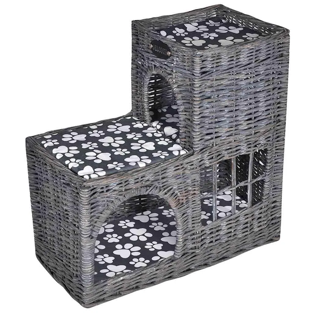 Kuschelhöhle für Katzen und Haustiere mit weichem Kissen, Weidenkorb 50x25x51 cm, Flauschiges Kuschelbett, Schlafplatz, Rückzugsort, waschbar, weich, für Kätzchen und Welpen