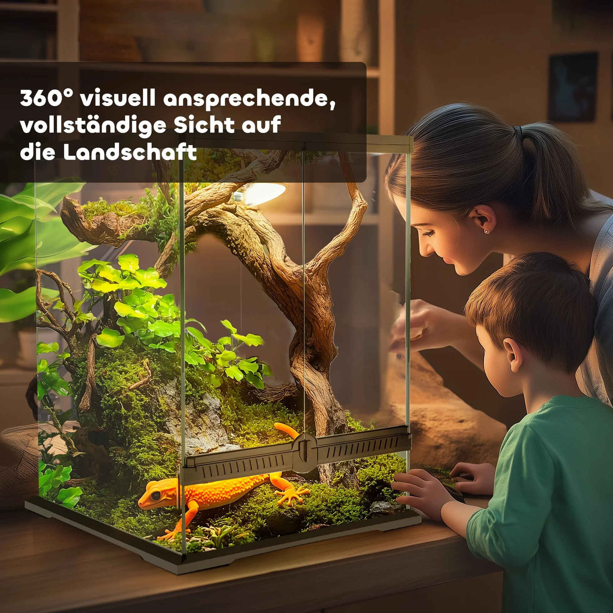 PawHut Terrarium für Reptilien Reptil Fütterungsbox mit Anti-Flucht-Design, Belüftung 120L Glasterrarium mit Kabelmanagement für Amphibien Spinne Metall Schwarz 45 x 45 x 60 cm