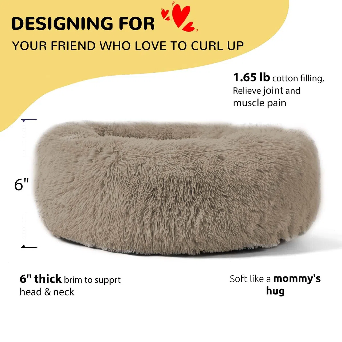 HACHIKITTY Calming Donut Cuddler Hundebett, rund, flauschiges Haustierbett mit eingenähtem Kissen für große Hunde, waschbar, groß, Taupe, 58 cm
