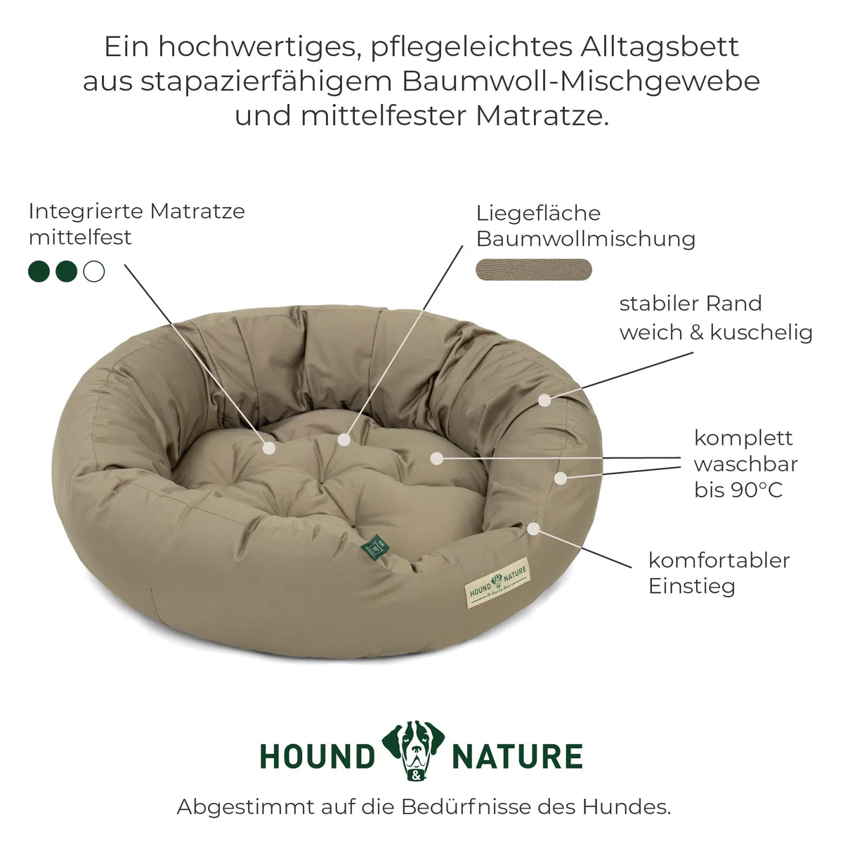 HOUND & NATURE Öko Hundebett St. Moritz - rund, kuschelig und waschbar, Donut Hundekorb für mittlere Hunde (M - 77x70 cm - Taupe)