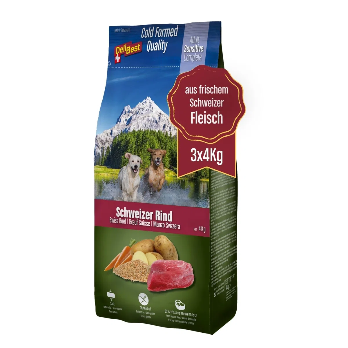 DeliBest Adult Sensitive Complete Dog Rind I Halbfeuchtes Futter für Hunde Adult I 100% Schweizer Rindfleisch I getreidefrei & ohne andere Zusätze I Hundefutter kaltgepresst I 3x4 kg Vorratspack