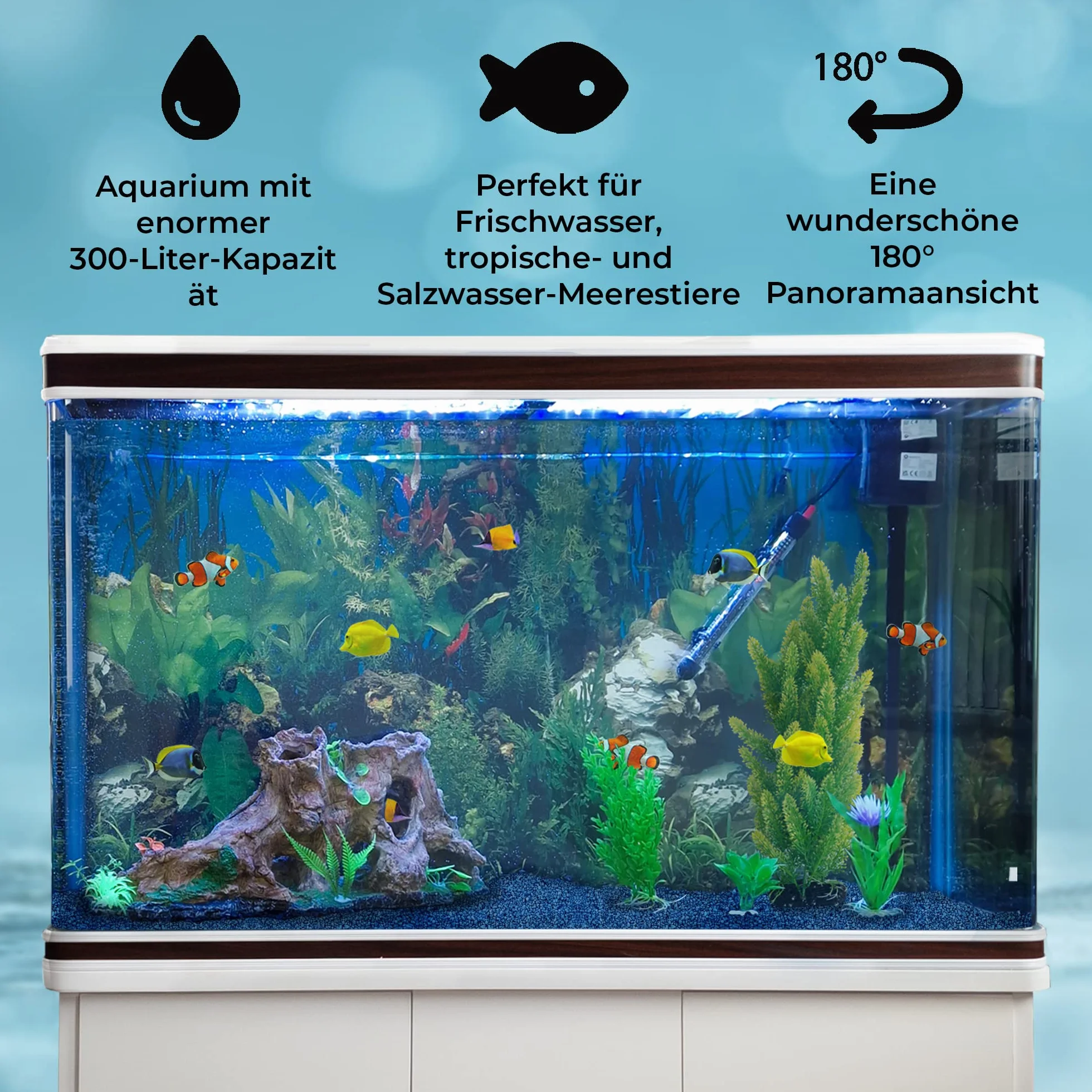 MonsterShop Aquarium Starter Komplettset Aquarium mit passendem Unterschrank inklusive Aquarienpflanzen Blauer Kies Aquarium Hintergrund 143.5cm H x 120.5cm B x 39cm T
