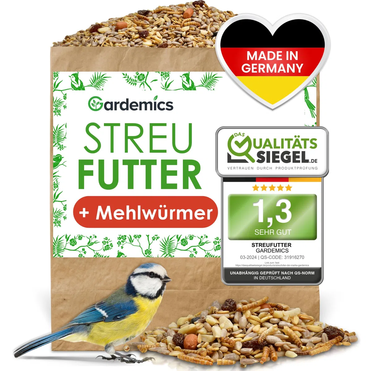 Gardemics Vogelfutter Wildvögel ganzjährig 10 Kg - Mit Mehlwürmern - Premium Protein Wildvogelfutter Ganzjahresfutter für Artenvielfalt im Garten