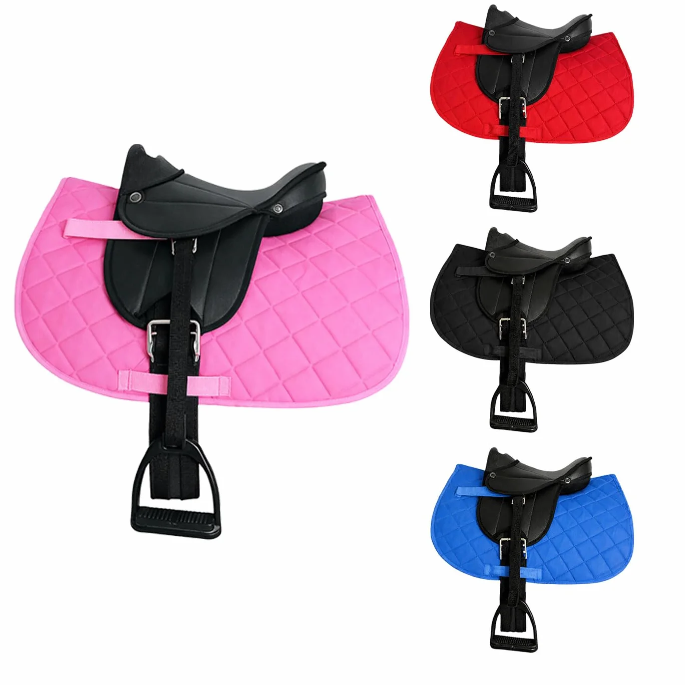 Brama West Holzpferd Sattel Set „My Happy Pony“ | Sattel für Shetty Pony Holzpferd Plüschpferd | mit Satteldecke, Sattelgurt, Steigbügel & Steigbügelriemen | Zweifarbig Rosa Decke/Sattel Schwarz