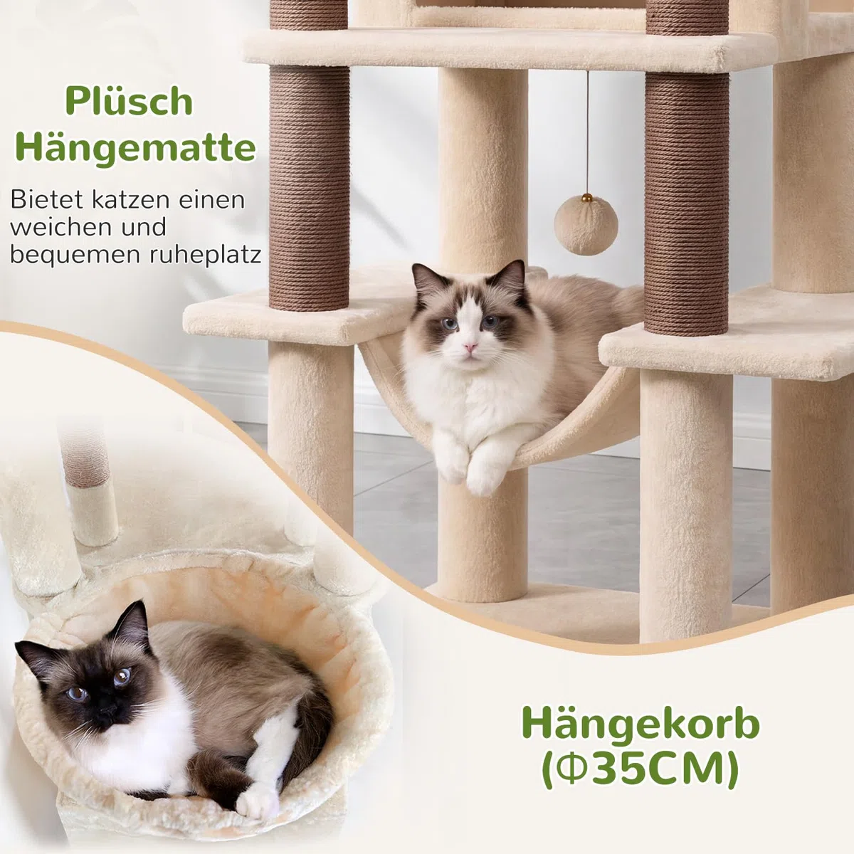 Globlazer Kratzbaum Stabil Beige mit Große Loungebereich für 2/3 Katzen S56 | Katzenbaum 143cm Platz Spare Geeignet für Wohnzimmer Schlafzimmer Wohnung mit Katzenhäuse Hängematte für Große Katzen Innen