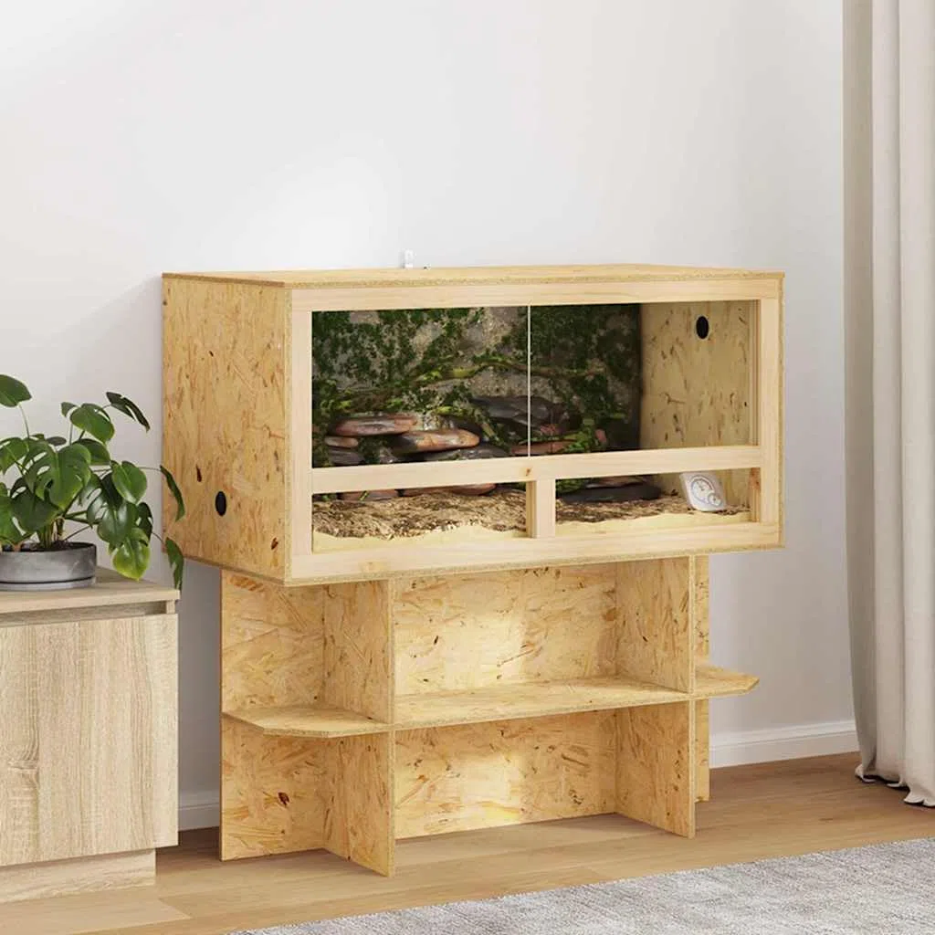 Terrarium Braun OSB 100 x 50 x 100 cm mit Schiebetür, Reptilienhaus Glaskasten für Vivarium, Paludarium, Wüstenterrarium, Regenwaldterrarium, Amphibien Habitat, Belüftung, Kletterast