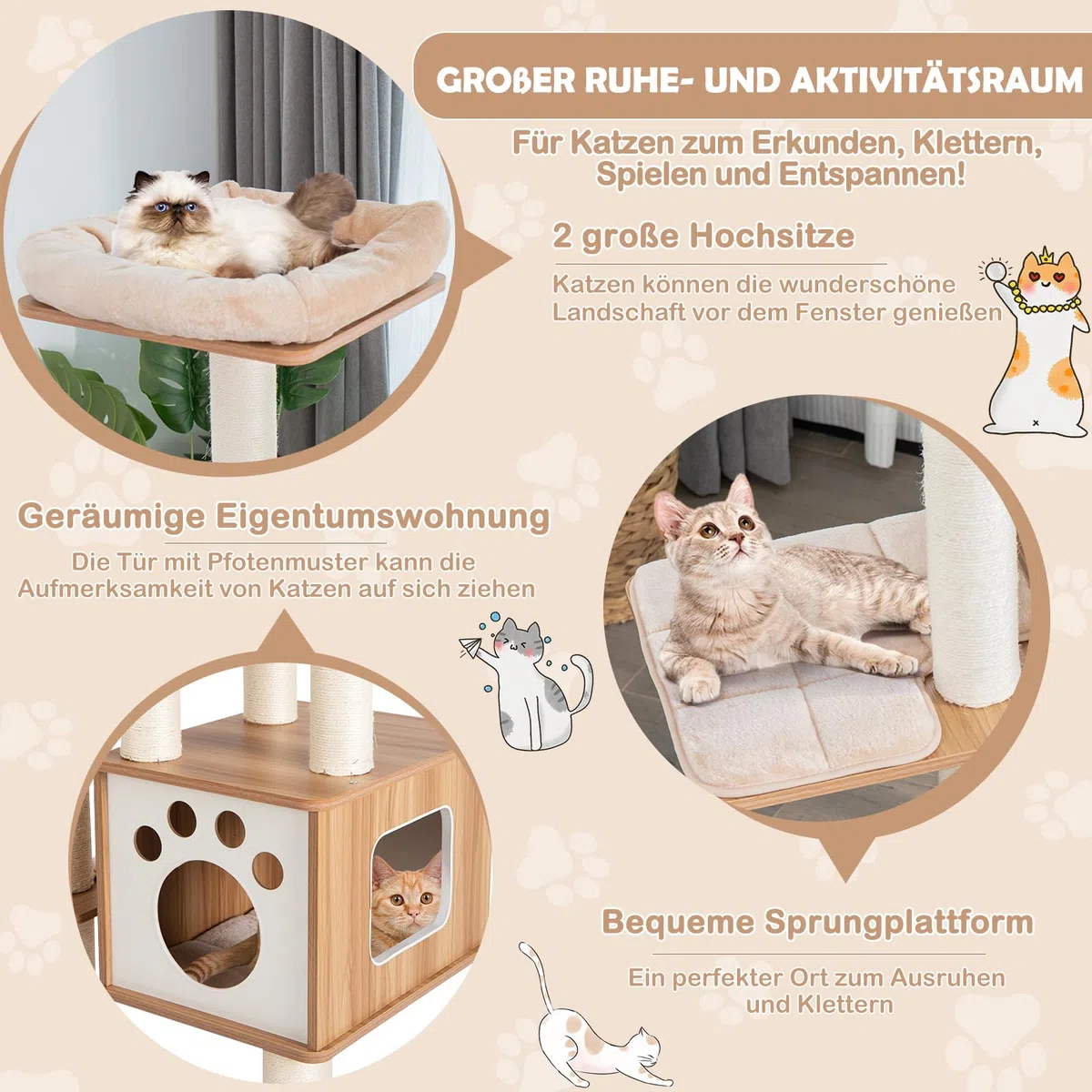 COSTWAY 6-stöckiger Kratzbaum Holz, 176cm Katzenbaum mit gemütlicher Matten & Höhle & Katzenbogen, Katzenkratzbaum Groß, Katzen Katzenmöbel, Kletterbaum Aktivitätsbaum Spielbaum, Beige