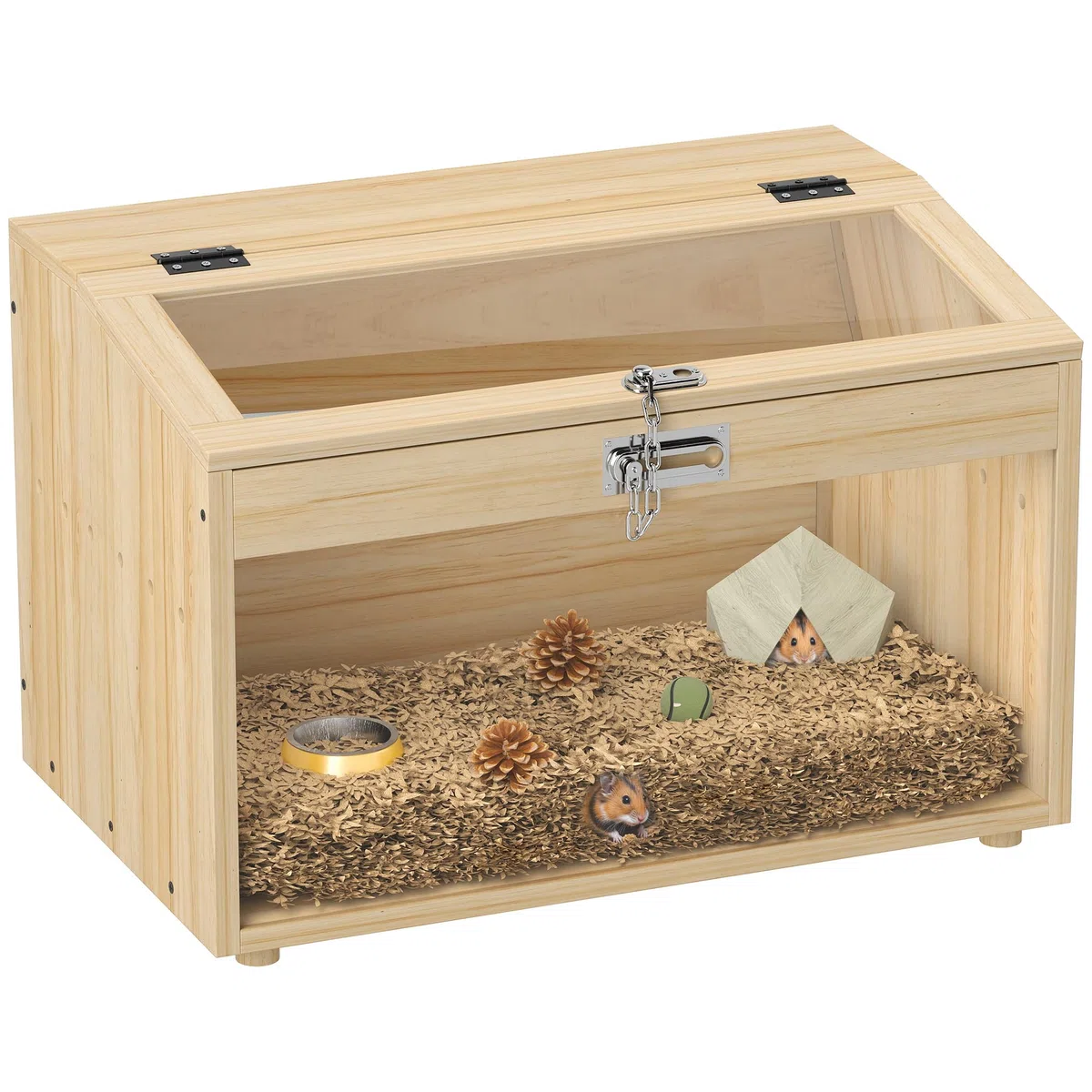 PawHut Hamsterkäfig aus Holz, Mäusekäfig mit klappbarem Deckel, Acrylfenster und Belüftungslöchern für Zwerg- und Rennmäusenhamster, 55 x 35 x 35 cm, Naturholzoptik