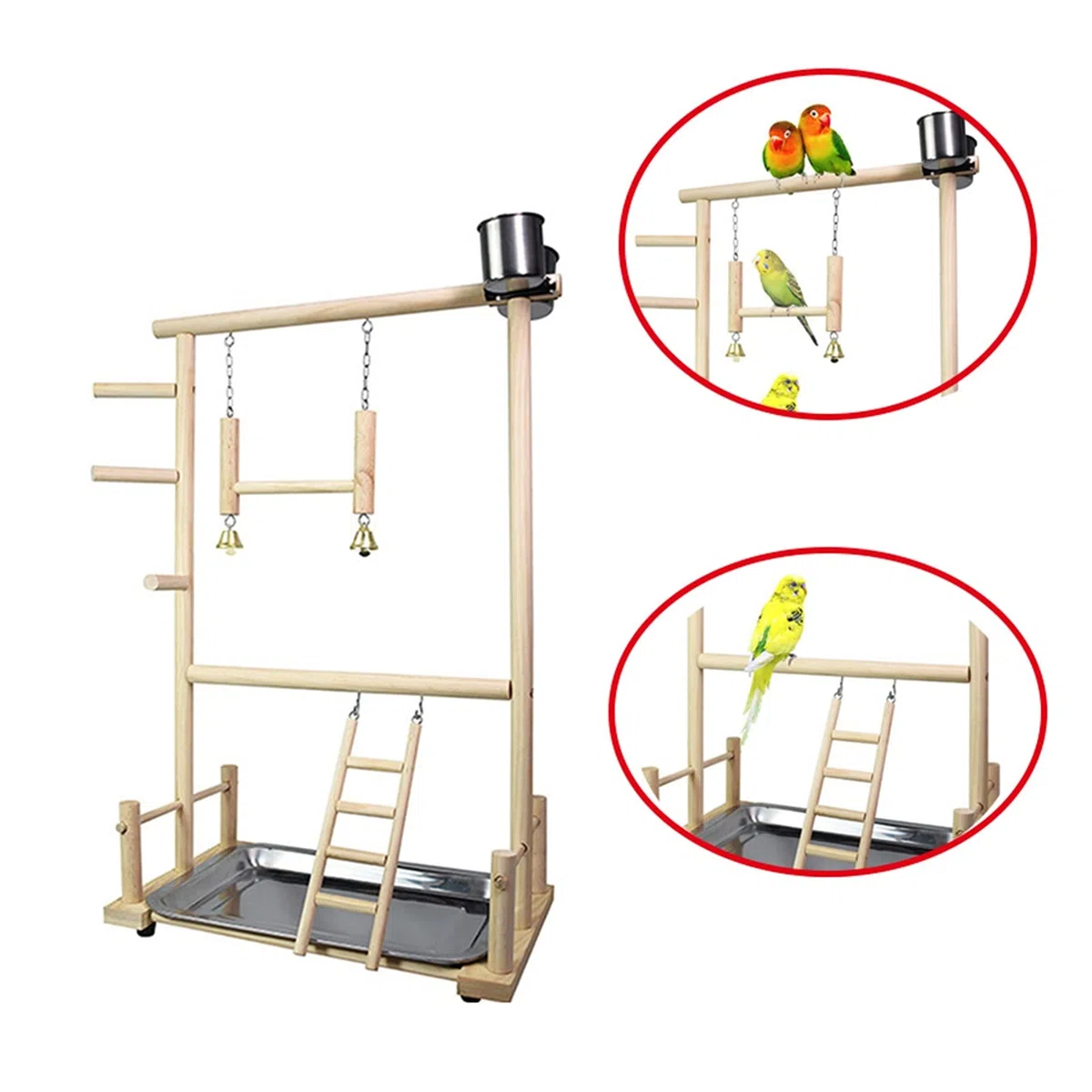 Vogelspielzeug Papageispielstände mit Tasse Toys Tablett Vogel Swing Klettern Hängende Leiterbrücke Holz Cashatiel Spielplatz Vogelperches